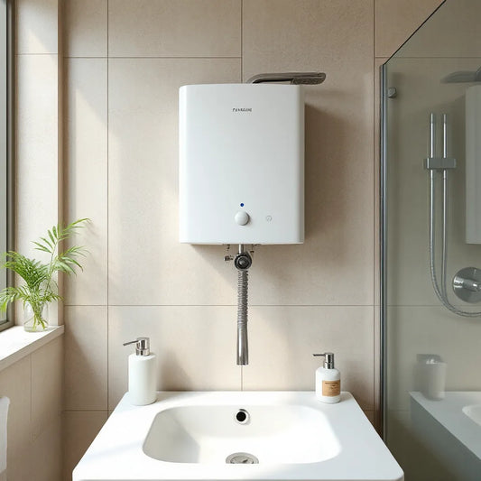 Modern wall-mounted water geyser heating water quickly above a tidy sink and shower area