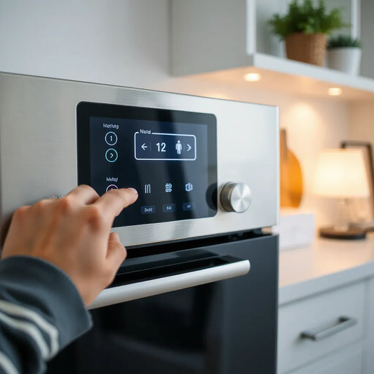 Hand using a smart appliance control panel with clear buttons and a simple touchscreen