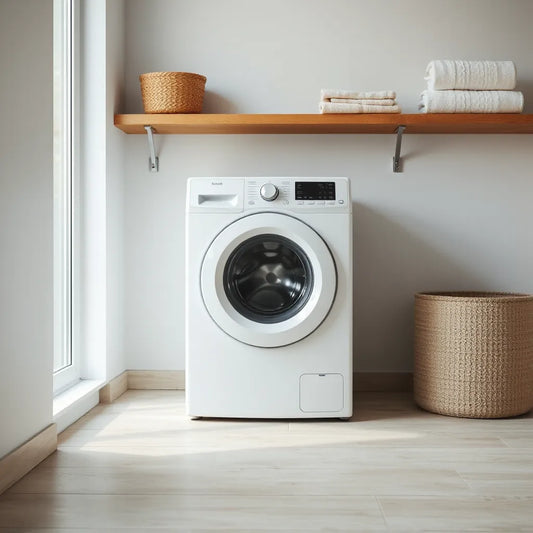 Modern front-loading washing machine in a bright laundry room with neatly folded towels nearby