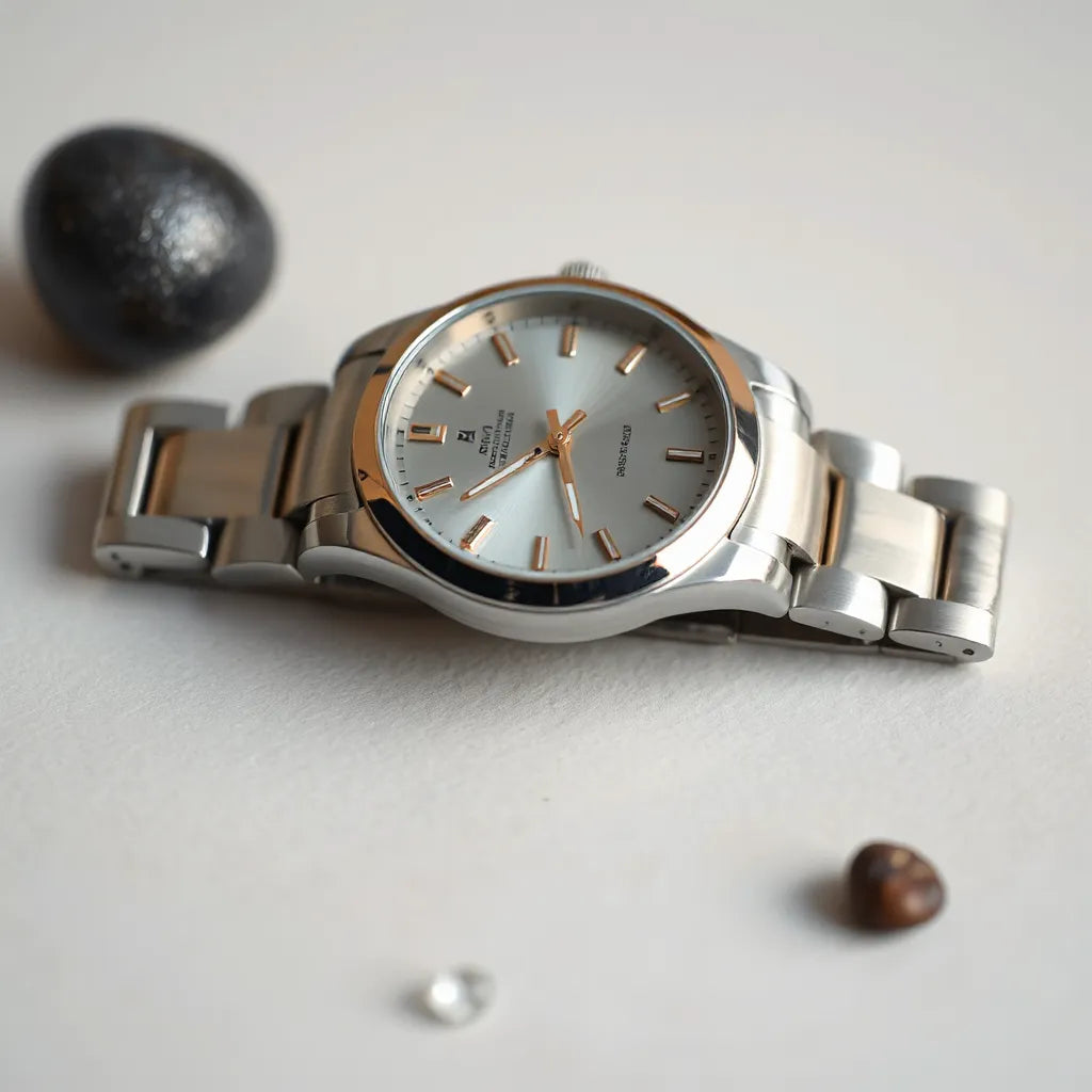 Two-tone stainless steel wristwatch with bracelet and round dial on a neutral background