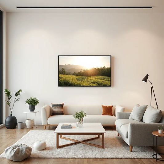 Modern flat-screen TV in a bright living room, showing clear 4K content
