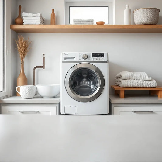 Front-loading washing machine with folded towels in a bright, clean laundry room