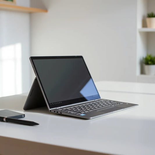 Convertible laptop in tent mode on a desk with a stylus, showing flexible hinge design for setup tips