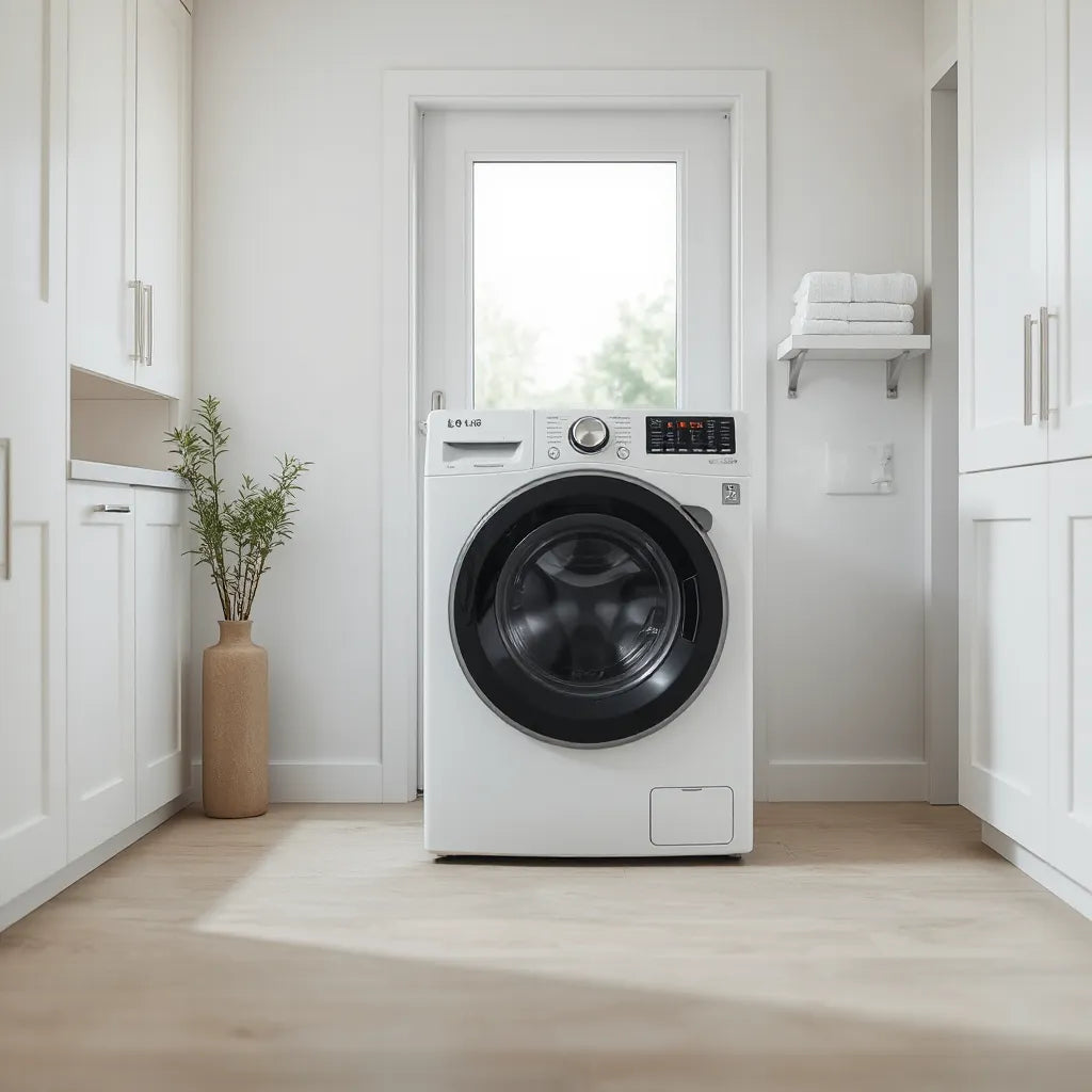 Modern front-load washing machine in a clean laundry room with folded towels nearby