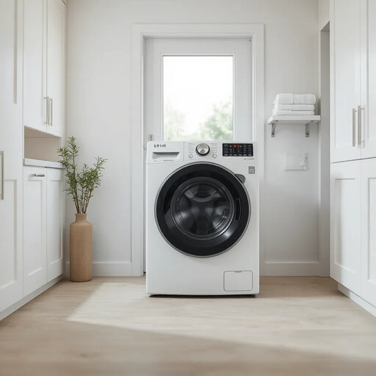 Modern front-load washing machine in a clean laundry room with folded towels nearby
