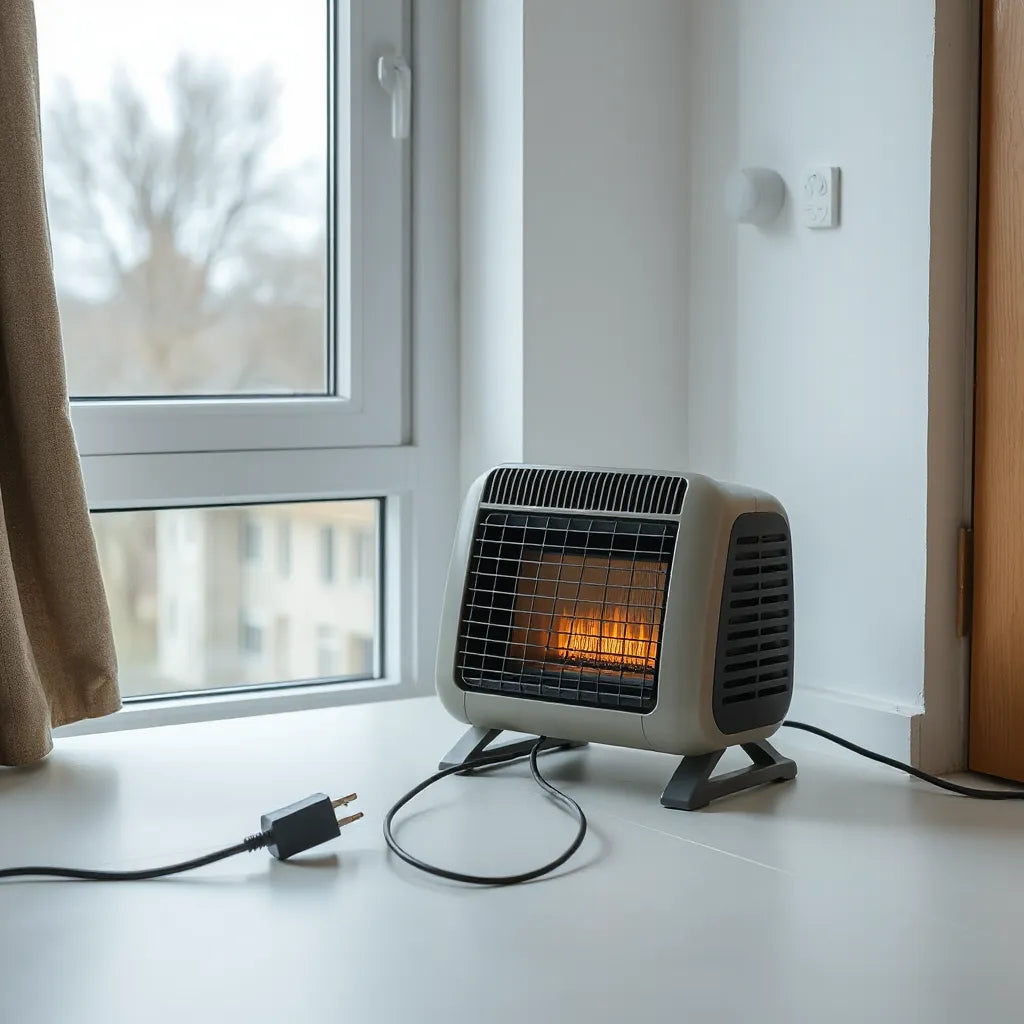 Modern electric heater positioned safely with cord management and clear clearance from curtains.