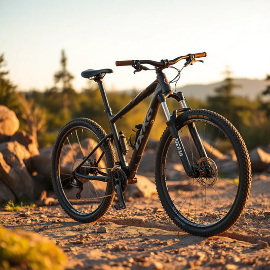 Mountain bike on a dirt trail with front suspension, ready for off-road riding in a rocky outdoor setting