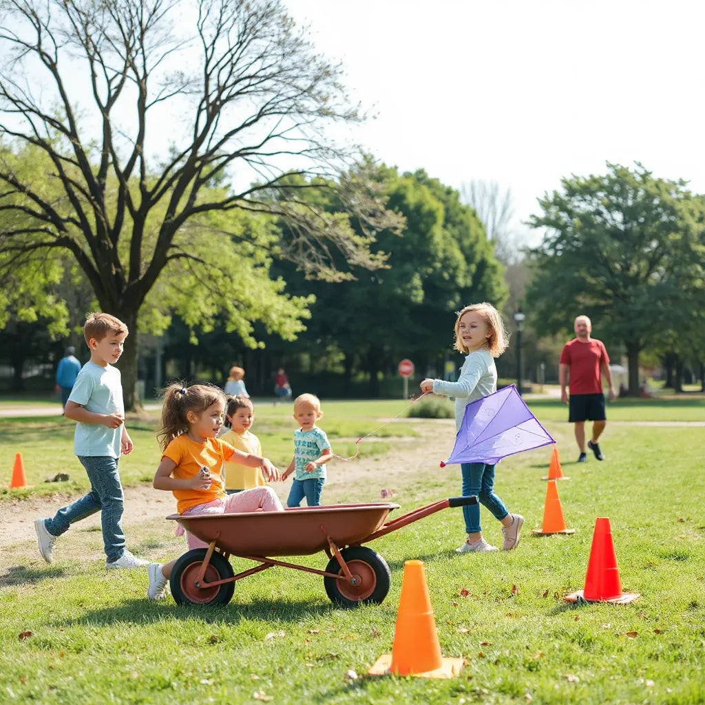 Kids playing outdoors in a sunny park with simple games and a kite