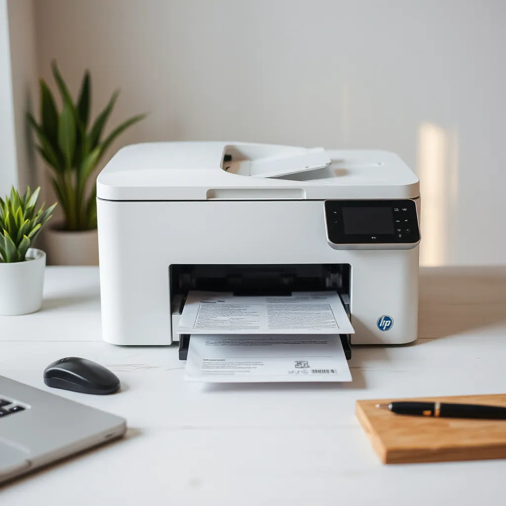 Compact mono laser printer producing crisp documents with visible paper output in a tidy office setting