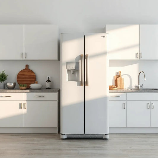 Modern refrigerator in a bright kitchen with clean countertops and soft natural lighting