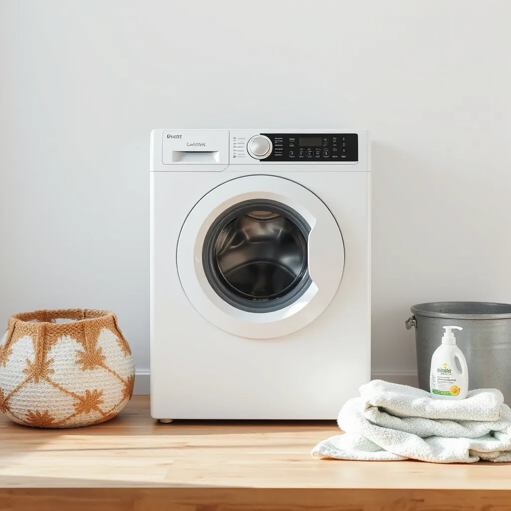 Front-loading washing machine with clean towels and detergent in a bright laundry room