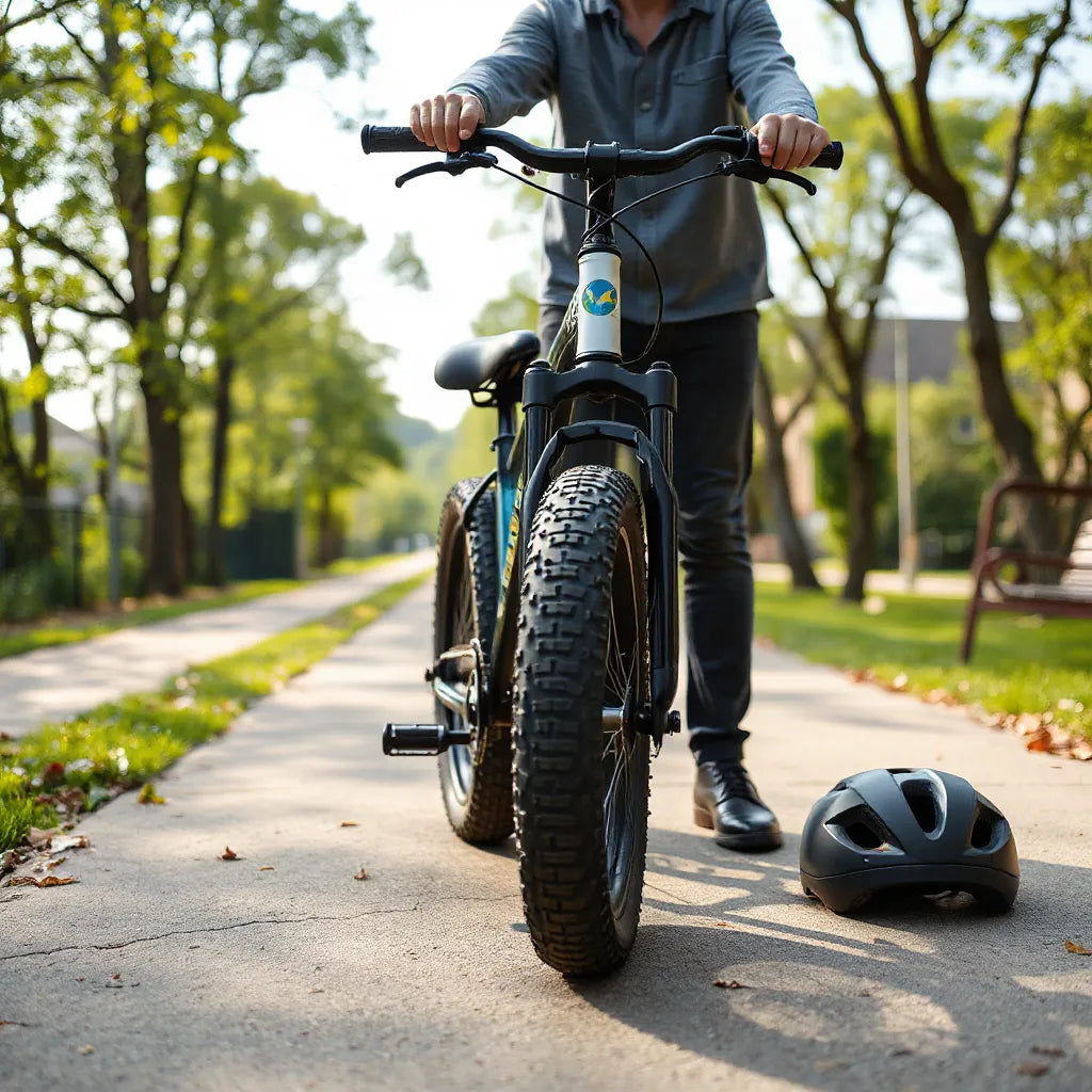 Boys fat tyre bicycle with thick tires while seat height is adjusted and helmet sits nearby