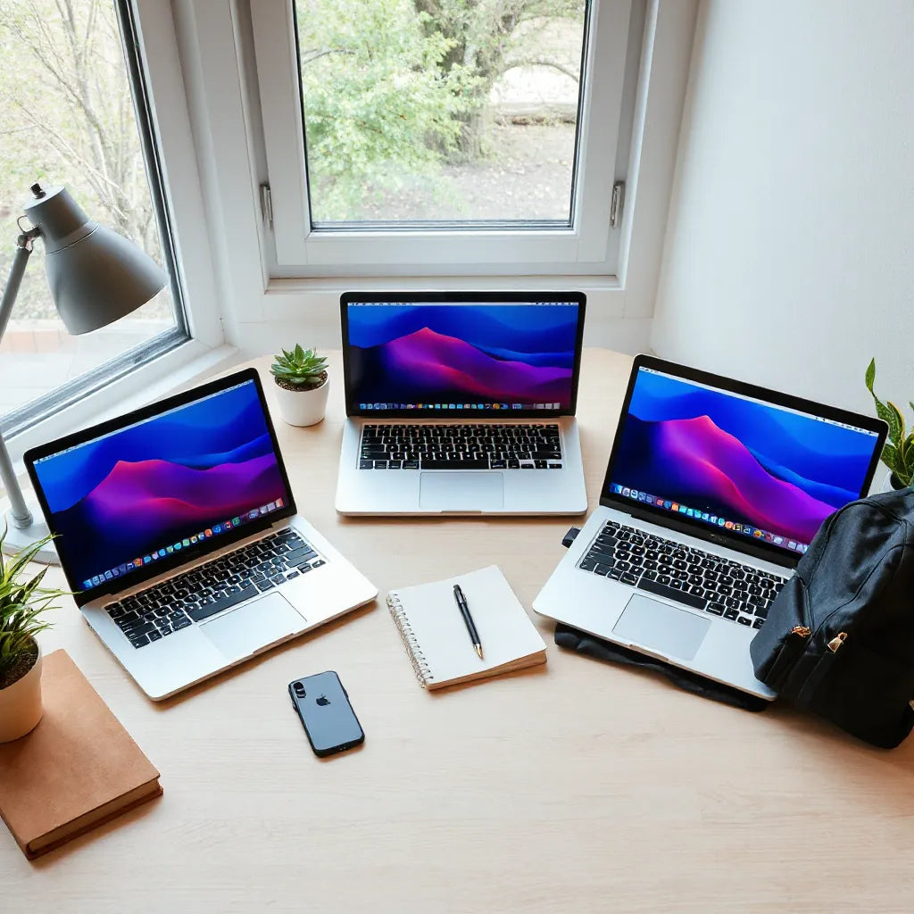 Three student laptops on a desk with a backpack, notebook, and natural window light