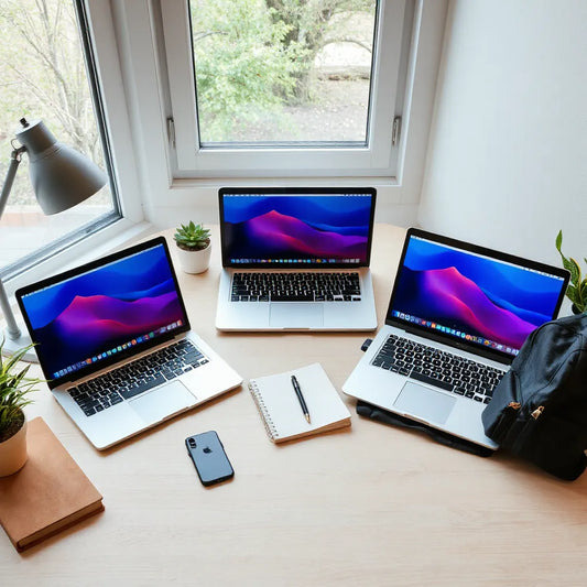 Three student laptops on a desk with a backpack, notebook, and natural window light