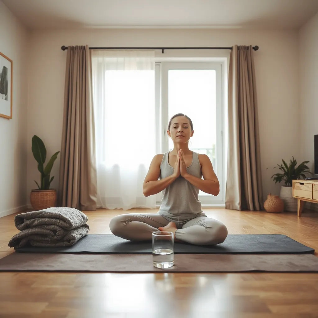 Person doing a calming seated yoga pose on a mat in a bright, quiet room with soft natural light.