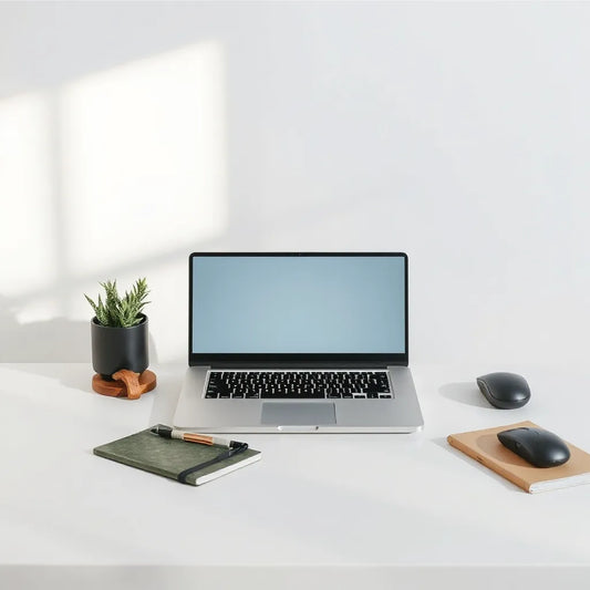 Open laptop on a clean desk with a wireless mouse and notebook in soft natural light