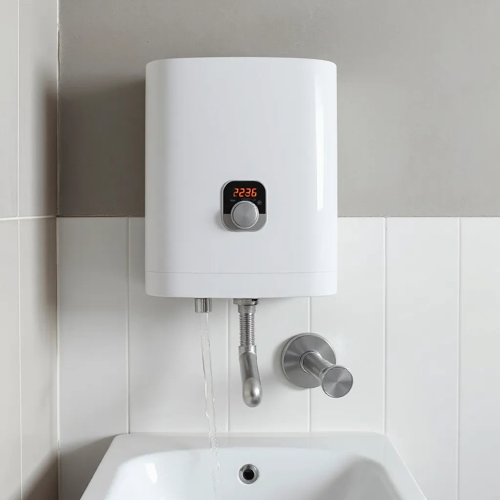 Wall-mounted temperature controlled geyser with thermostat dial, visible pipes, and warm steam in a clean bathroom setting