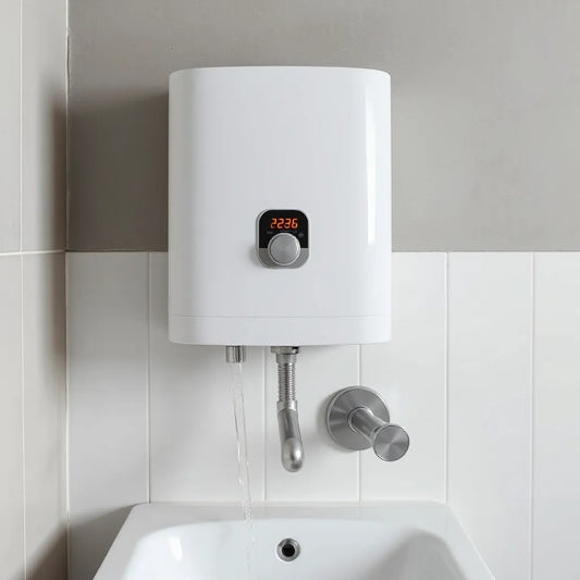 Wall-mounted temperature controlled geyser with thermostat dial, visible pipes, and warm steam in a clean bathroom setting
