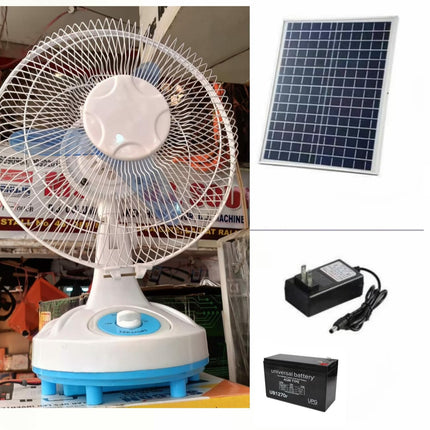 12 Inch Rechargeable Table Fan | AC/DC & Solar Powered | 40W. Solar Panel & 12V 7Ah Battery included 