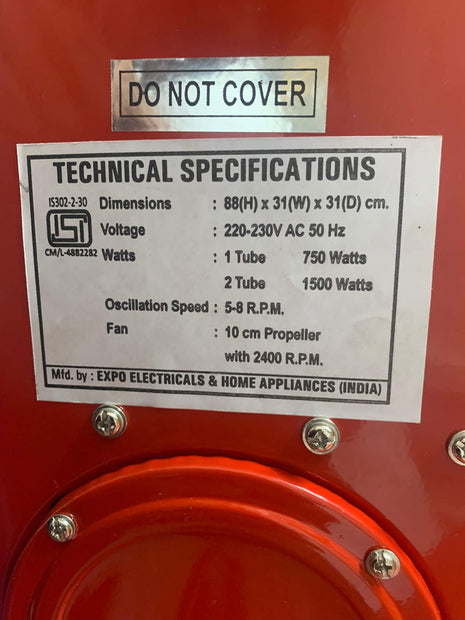 1500 watt ISI Marked oscillating quartz Heat Pillar quartz room heater with two rods for indoor tower type rotating room heater, No oxygen burning 