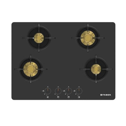 Faber 4 Burner 70Cm HOB |Auto Ignition| HOB PRIME HT704 CRS BR CI AI |Metal Knobs| Cast Iron Pan Support |HOB/Cooktop Hybrid| Black Glass Finish |5 Yrs Warranty On Glass & Valve | 2 Yrs On Burner 