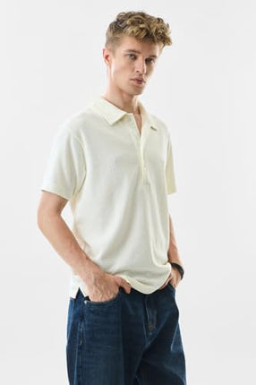 SNITCH Men's Polo Shirt | Textured Slim Fit Design | 100% Polyester Fabric with Breathable & Lightweight Features | Casual & Streetwear Usage |Light Yellow 