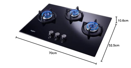 Whirlpool Hob 3 Burner Auto Ignition Gas Stove (Glass Ceramic, Elite Hybrid 703 Mt Gas Hob), Black 