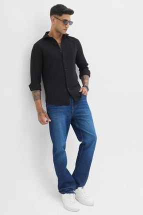 SNITCH Black Self-Design Full Sleeve Poly Blend Casual Shirts 