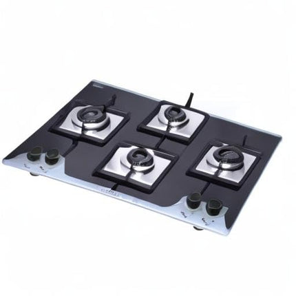 Elica 70cm 4 Burner Auto Ignition Hob | FLEXI HCT 470 DX LOTUS BK DUAL TONE | SABAF Burners | Cast Iron Pan Support | Dual Tone 8mm Toughened Glass | 5-Year Glass & Valve Warranty | Black 