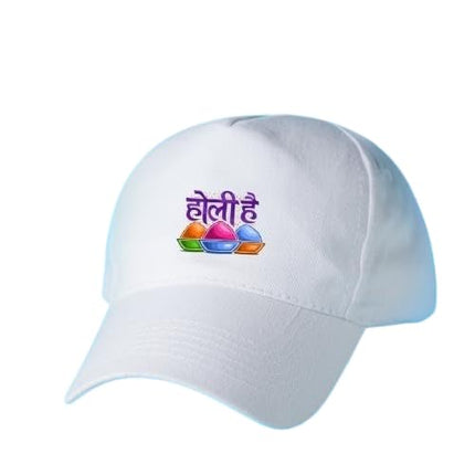Holi Festival Cap with Embroidered Design, White Cotton Baseball Hat, Adjustable 