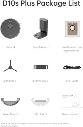 dreame D10s Plus Robot Vacuum and Mop Combo, Self-Emptying for up to 65 Days, 5,000Pa Suction Power, Advanced AI and LiDAR Navigation, 280-min Runtime, Compatible with Alexa, Ideal for Pet Hair, Black 