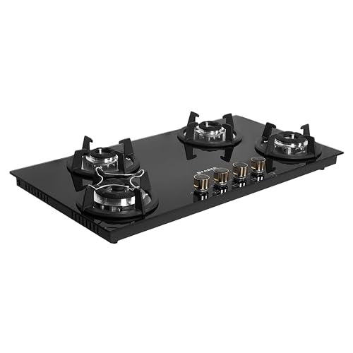 Faber Hob 4 Burner | Auto-Ignition | Spillage Proof | HOB SUPERIA HT904 BR AI | Concealed Chamber | Metal Knobs | Pan Support | Black Glass Finish |5 Yr Warranty on Burner & Glass | 1 Yr comprehensive 