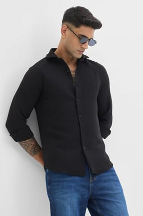 SNITCH Black Self-Design Full Sleeve Poly Blend Casual Shirts 