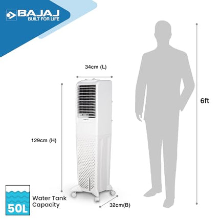 Bajaj TMH50 Tower Air Cooler 50L|for Larger Room|Inverter Compatibility|Honeycomb Cooling Pads|Typhoon Blower Tech|Portable AC|30-Ft Air Throw|3-Yr Product 2-Yr Pump 1-Yr Motor Warranty【White】 