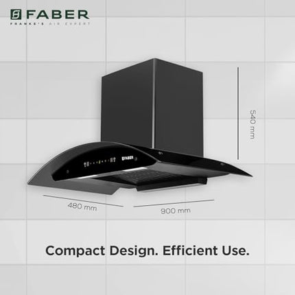 Faber 90cm 1400 m³/hr Autoclean Kitchen Chimney|Broad Body|Curved Glass|Filterless |Touch & Gesture Control|Black Finish|12Yr Warranty on Motor 2Yr Comprehensive by Faber|HOOD TITANIUM IN HC SC FL 90 