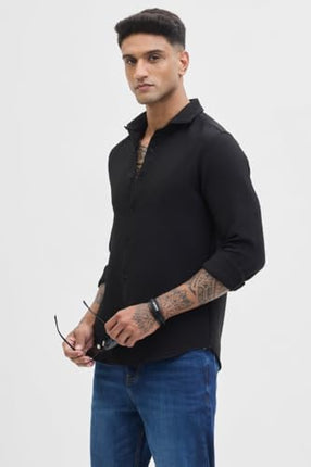 SNITCH Black Self-Design Full Sleeve Poly Blend Casual Shirts 