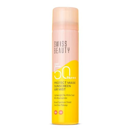 Swiss Beauty Protect Maxx Sunscreen Air Mist | SPF 50 PA+++ | With Niacinamide | UVA+UVB Protection | Even Over Makeup | For Face & Body | 80ml 
