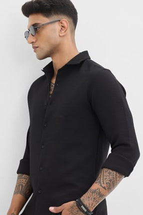 SNITCH Black Self-Design Full Sleeve Poly Blend Casual Shirts 