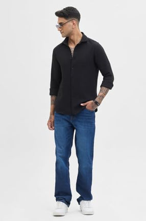 SNITCH Black Self-Design Full Sleeve Poly Blend Casual Shirts 