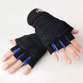 Alexvyan Imported Long Strap Gym and Fitness Sports Protective Half Finger Hand Riding, Cycling, Bike Motorcycle Gloves for Men and Boy (Black and Blue, Universal) 