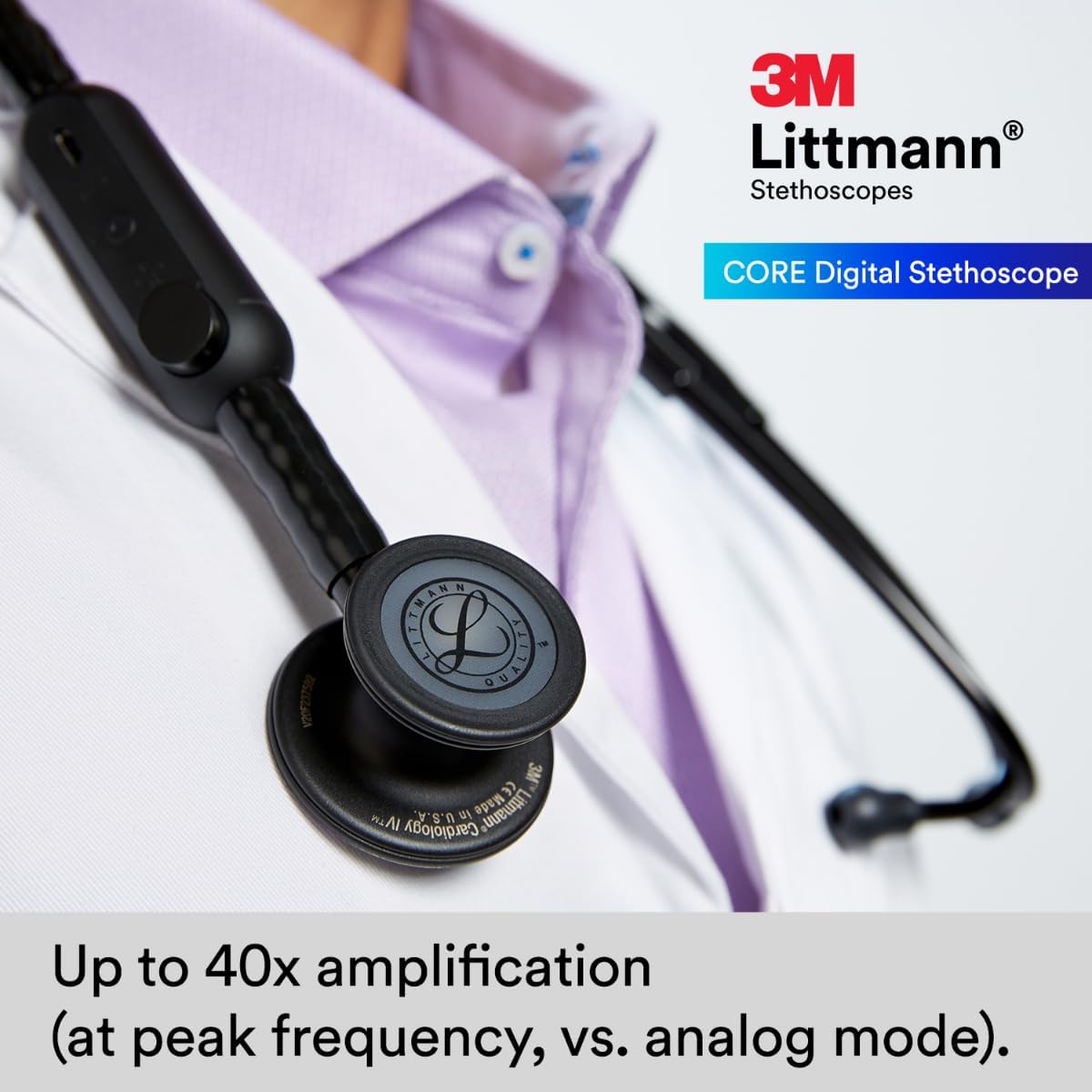 3M Littman® CORE Digital Stethoscope, Black Chestpiece, Tube, Stem and Headset, 27 inch, 8480 
