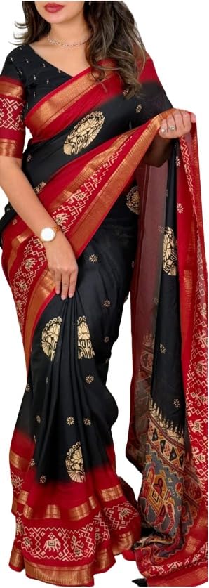3MBFOR DULL MOSS WITH DOUBLE JECQUARD BORDER WEAVING PATOLA PRINT SAREE (BLACK) 