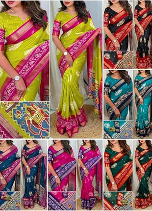 3MBFOR DULL MOSS WITH DOUBLE JECQUARD BORDER WEAVING PATOLA PRINT SAREE (BLACK) 