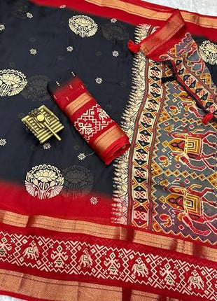 3MBFOR DULL MOSS WITH DOUBLE JECQUARD BORDER WEAVING PATOLA PRINT SAREE (BLACK) 