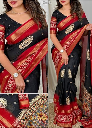 3MBFOR DULL MOSS WITH DOUBLE JECQUARD BORDER WEAVING PATOLA PRINT SAREE (BLACK) 