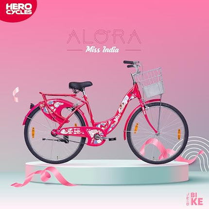 Hero Alora 26T Girls/Women's Cycle – 18" Frame, Pink, with Basket & Carrier | Wire Brakes | Rigid Fork | for 13+ Years | 95% Assembled – Ready to Ride in 5 Mins 