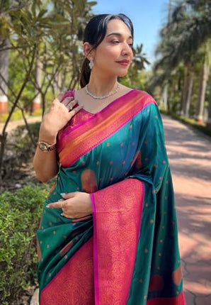 SGF11 Women's Kanjivaram Paithani soft silk Sarees With Unstitched Blouse Piece (Rama Green) 