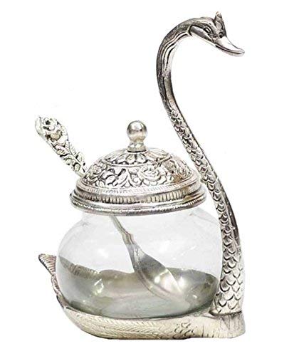 Prince Home Decor & Gifts Aluminum Duck Shaped Blue Colored Glass Bowl Tray Set with Spoon (11 x 15 x 11 cm, Silver) 