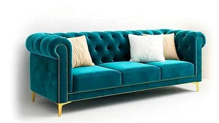 Sky Rise Decor Modern Classic 5 Seater Fabric & Valvet Tufted 3+1+1 Footrest Chesterfield Sofa Living Room and Office (Teal Green) 