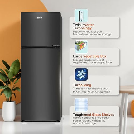 Haier 240L 3 Star Frost Free Top Mount Double Door Refrigerator|5 In 1 Convertible Modes|Twin Inverter|200% Faster Ice Making in 49 Minutes (HEF-253GB-P, GE Black) 